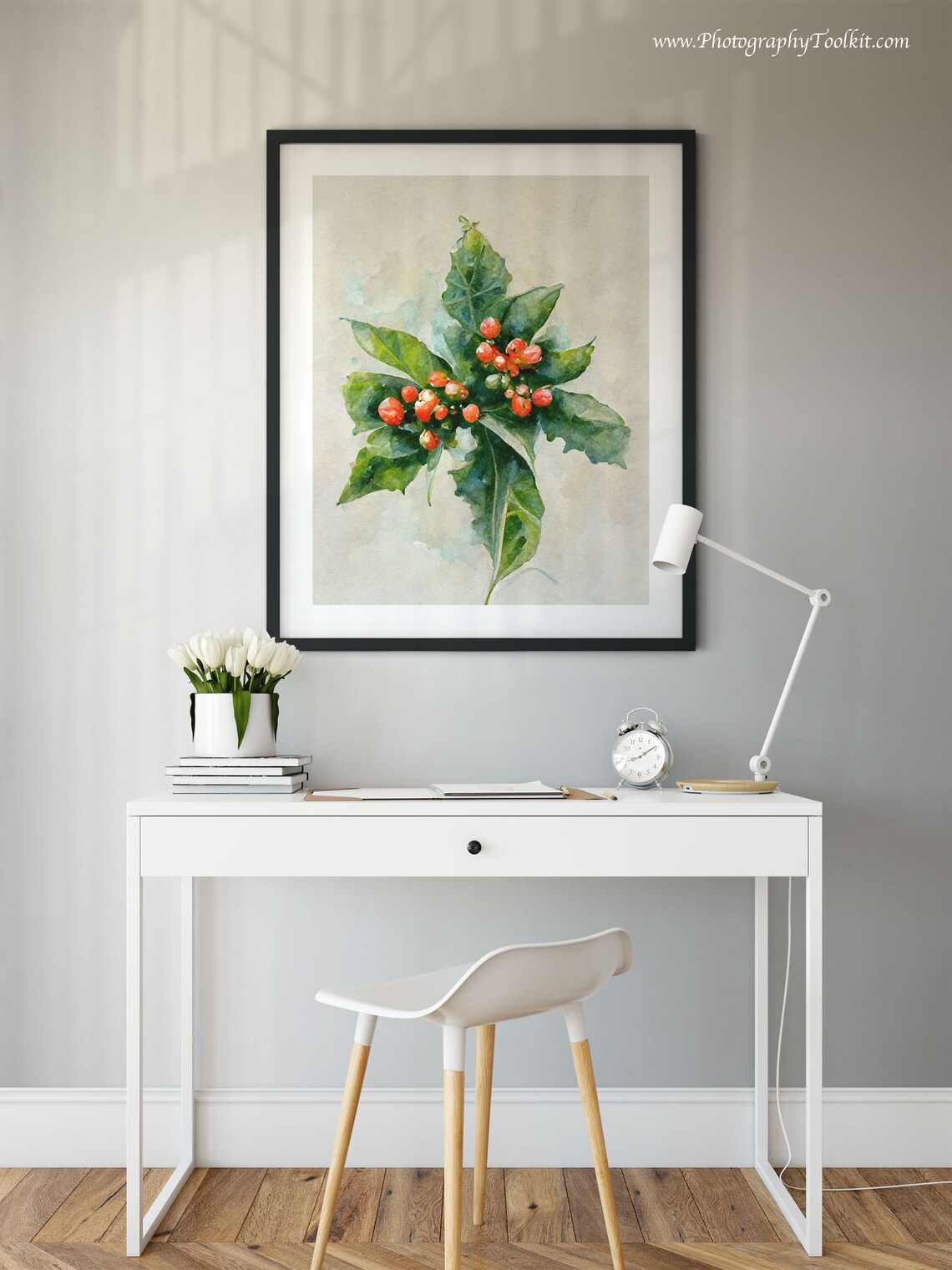 Red Berries and Green Holly Leaves Watercolor Botanical Art Poster - Image 2