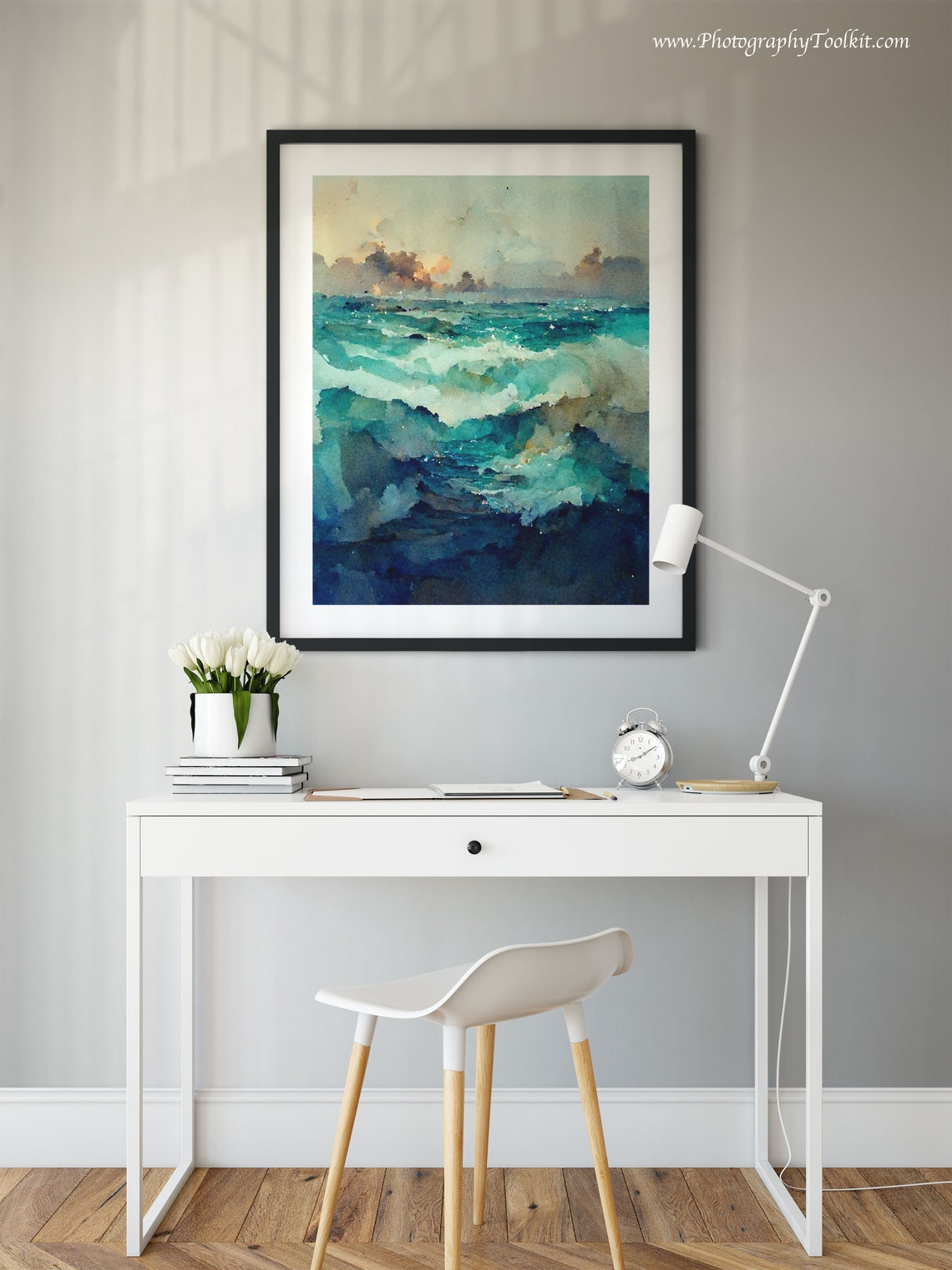 Rolling Ocean Waves Sunlit Clouds Watercolor Teal Sea Art Poster - Image 2
