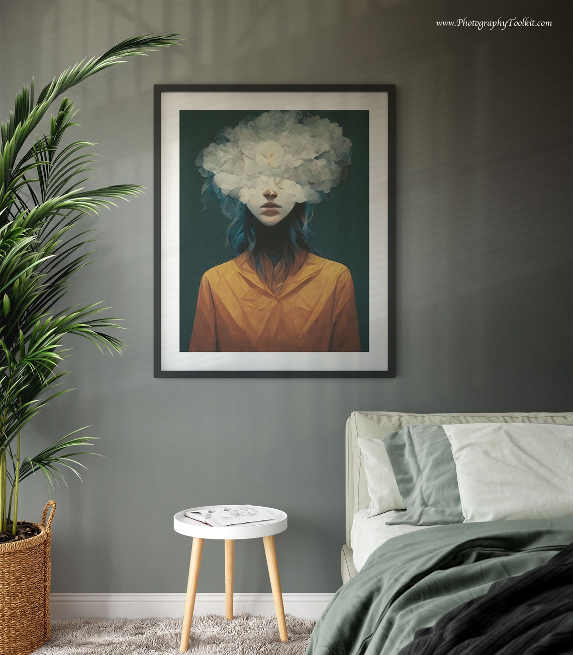 Surreal Woman Portrait with Cloud of White Flowers Dreamy Art Poster - Image 2