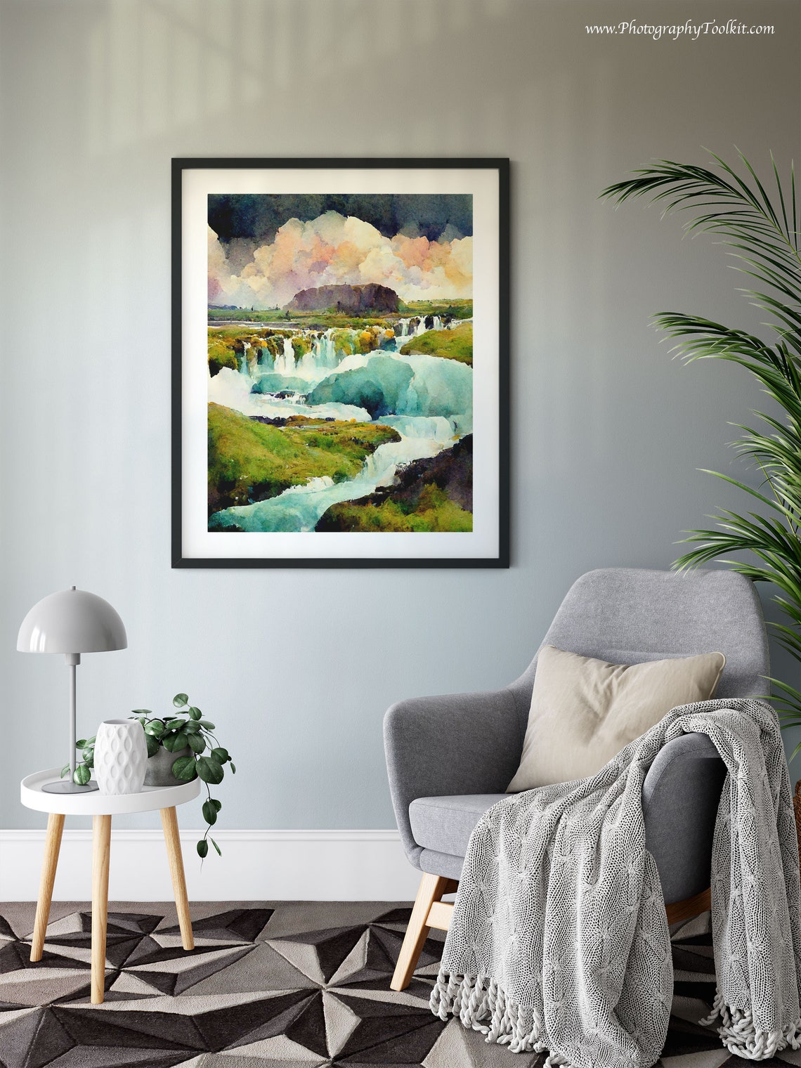 Godafoss Iceland Waterfall Mossy Green Banks Watercolor Poster - Image 6