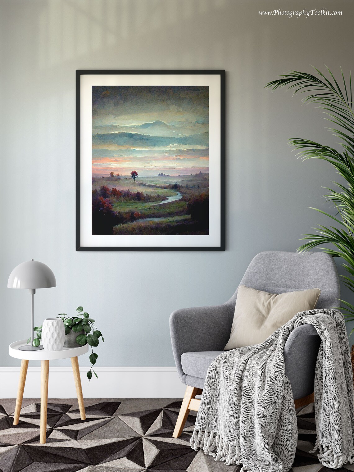 River Valley Sunset Watercolor Rolling Hills Landscape Poster - Image 6