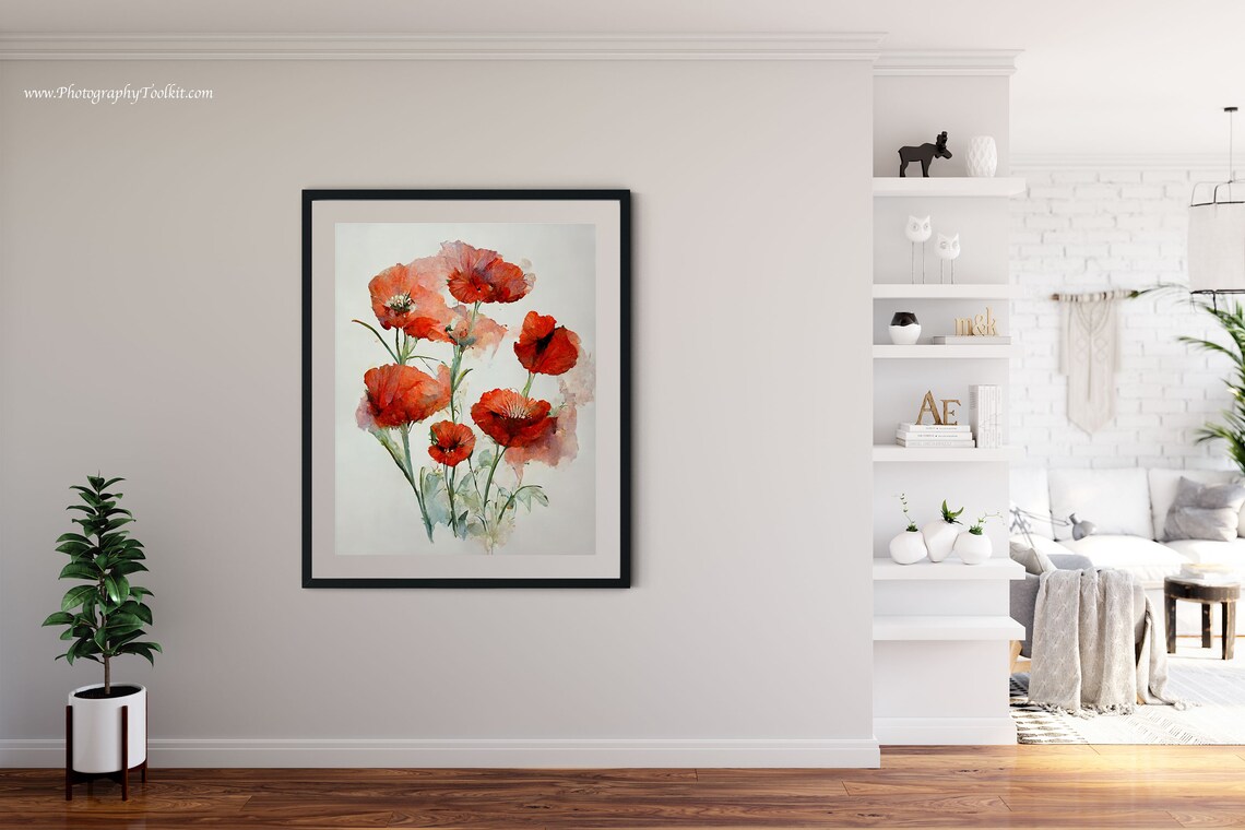Red Poppy Stems Loose Watercolor Gray Wash Floral Botanical Poster - Image 4