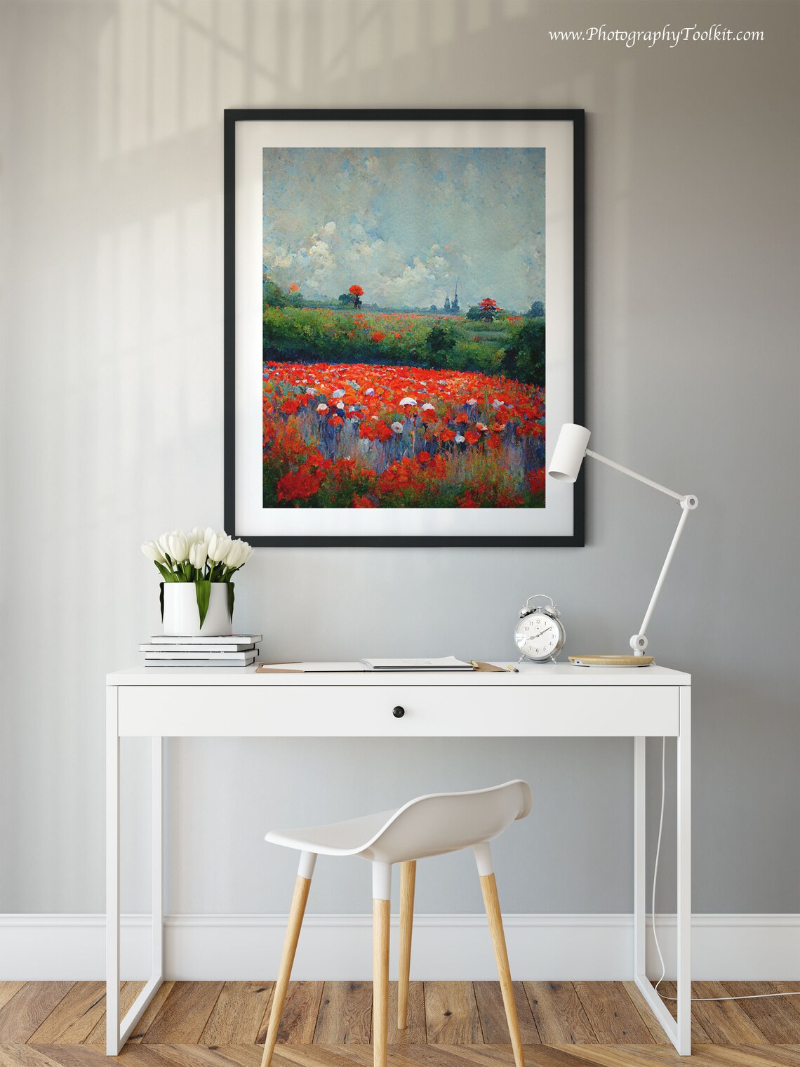 Red Poppy Field Under a Bright Blue Sky Impressionist Painting Poster - Image 2