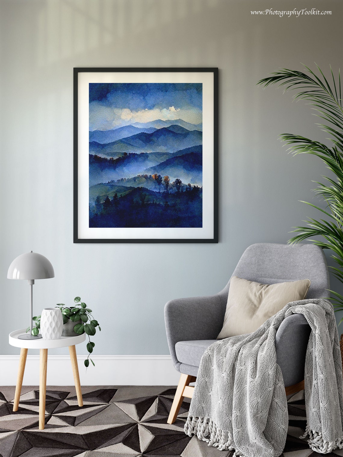 Misty Blue Mountain Watercolor Foggy Ridge Peaceful Nature Art Poster - Image 6