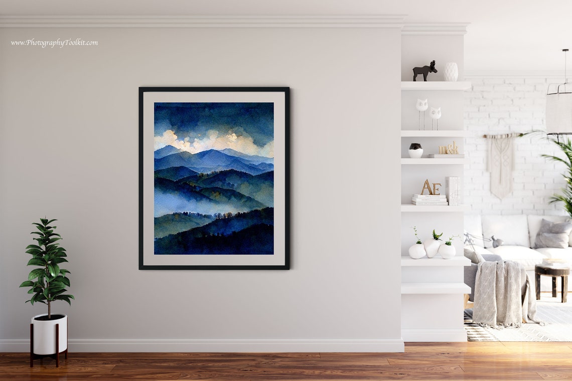 Misty Blue Mountain Layers Watercolor Foggy Peaks Serene Art Poster - Image 4