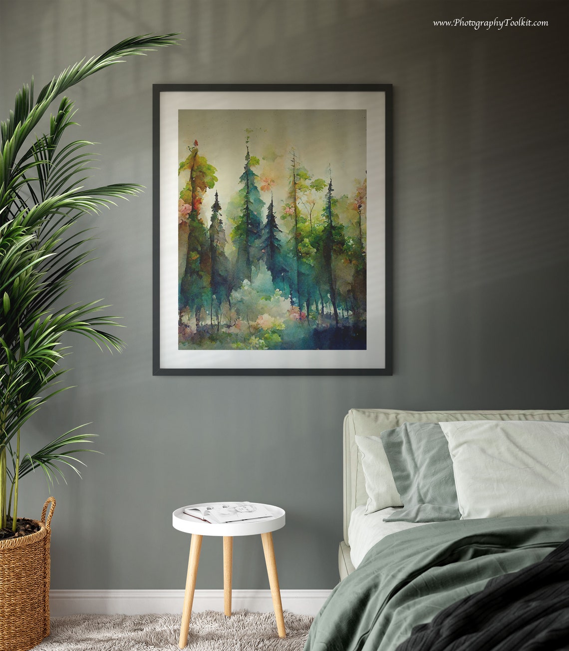 Misty Evergreen Forest Watercolor Green Pines Calm Nature Poster - Image 3
