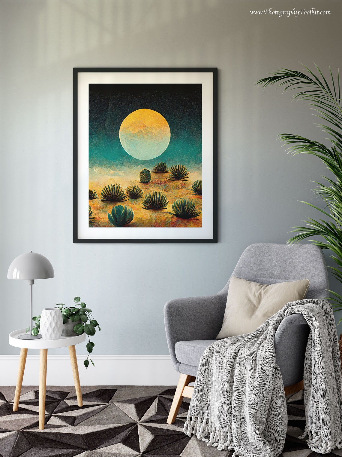 Desert Night Moon Wall Art Giant Yellow Moon Agave Plants Starry Sky - Image 4