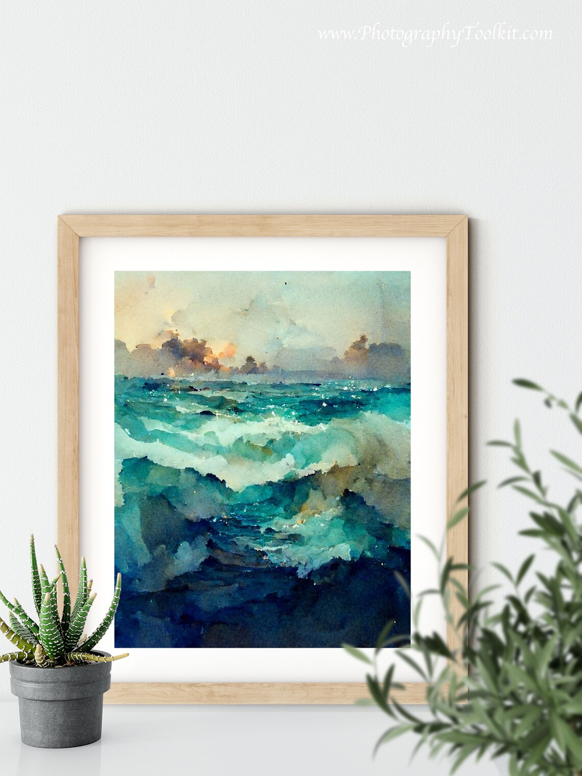 Rolling Ocean Waves Sunlit Clouds Watercolor Teal Sea Art Poster - Image 5