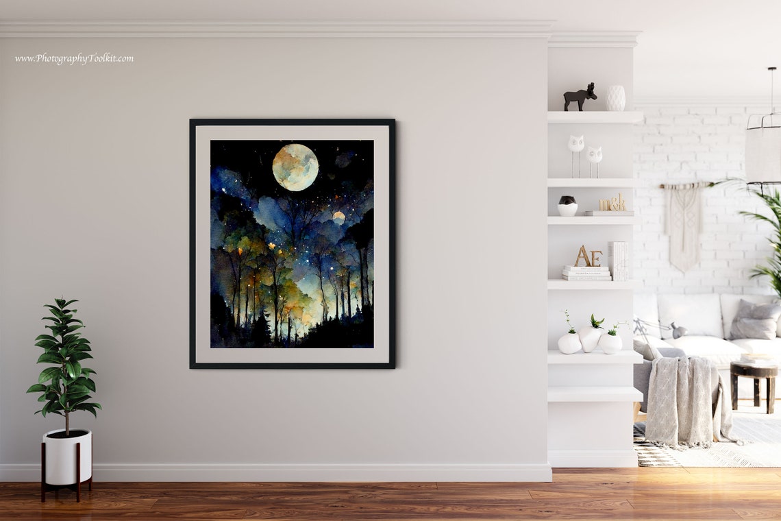 Full Moon And Crescent Night Forest Starry Sky Watercolor Poster - Image 4