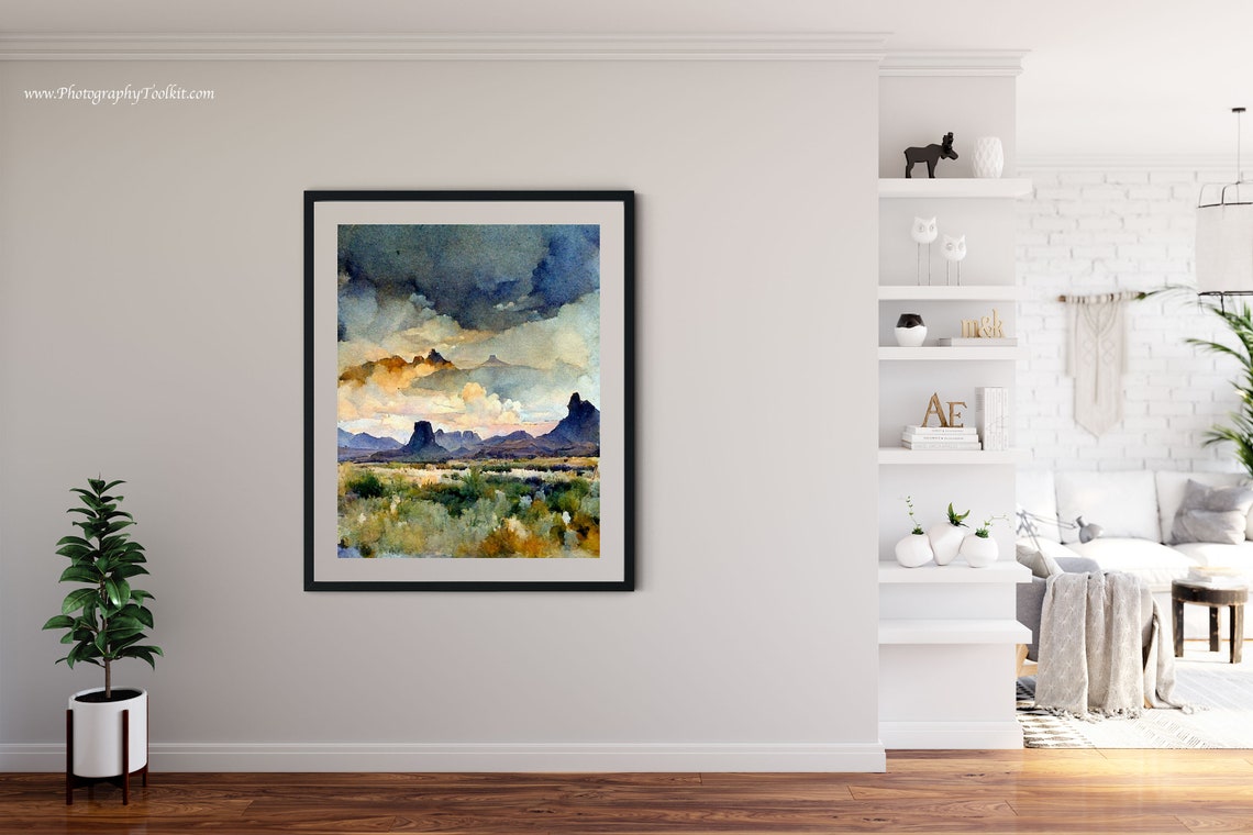 Desert Canyon Landscape Watercolor Buttes Under Cloudy Sky Poster - Image 4