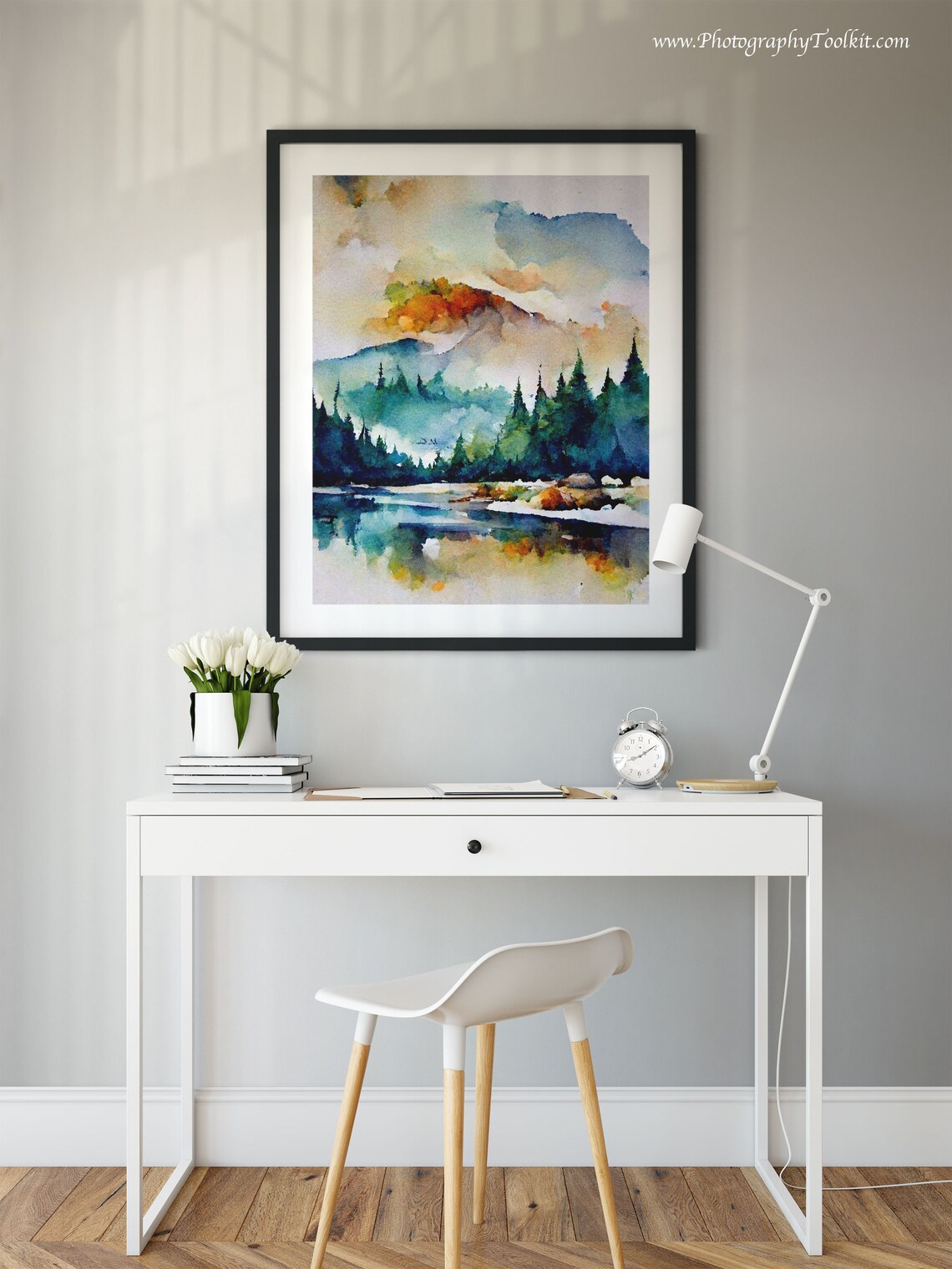 Mountain Lake Pines Watercolor Sunset Scenic Nature View Poster - Image 5