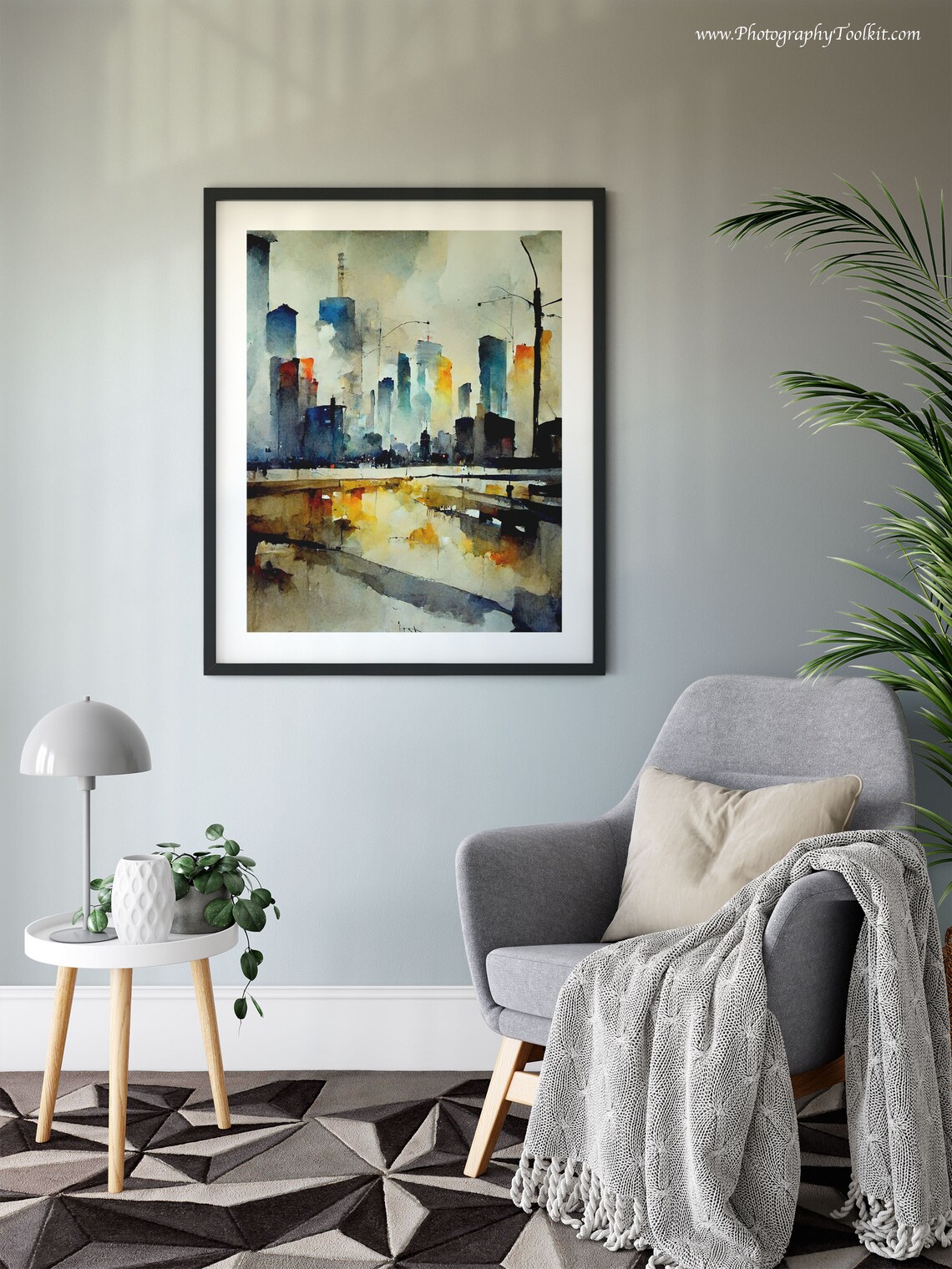 Rainy City Street Skyline Reflections Watercolor Abstract Art Poster - Image 6