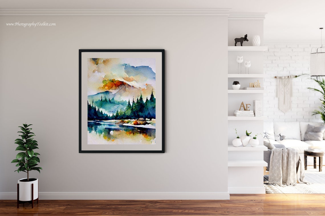 Mountain Lake Pines Watercolor Sunset Scenic Nature View Poster - Image 2