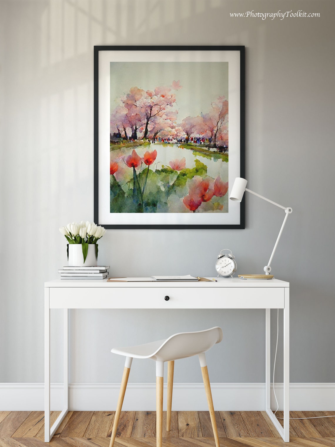 Cherry Blossom Spring Lake Red Tulips Scenic Watercolor Poster - Image 2