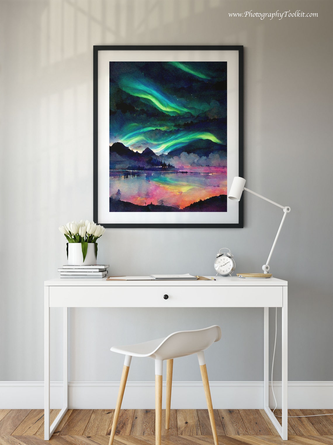 Aurora Borealis Mountain Lake Night Sky Watercolor Scenic Poster - Image 2