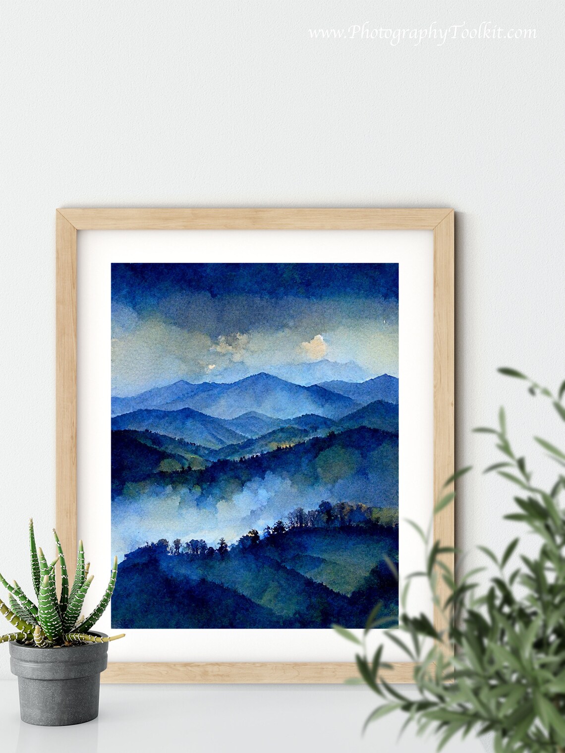 Misty Blue Peaks Watercolor Glowing Clouds Over Foggy Mountain Poster - Image 5
