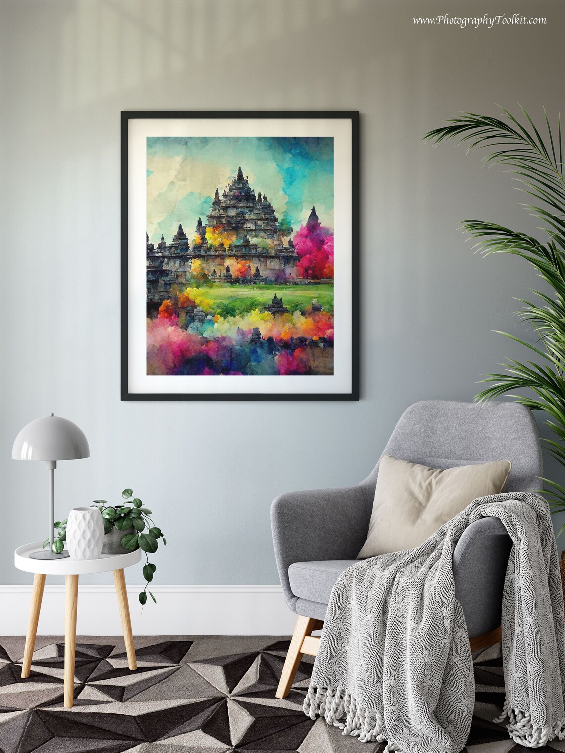 Ancient Temple Spires Garden Vibrant Colorful Sky Watercolor Poster - Image 6