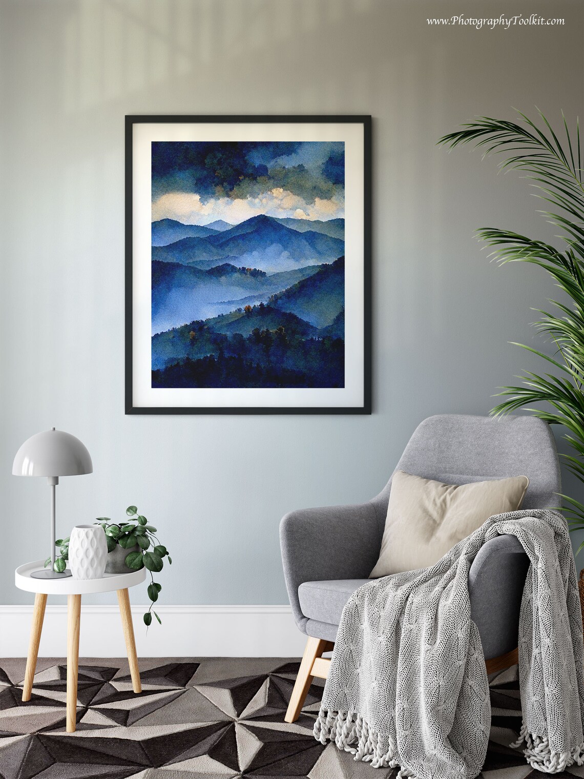 Misty Mountains Under Storm Clouds Watercolor Blue Peaks Moody Poster - Image 6