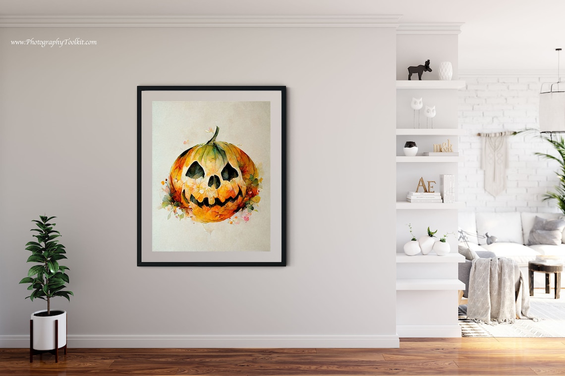Carved Halloween Pumpkin Watercolor Wall Art Jack O Lantern Floral Decor - Image 2