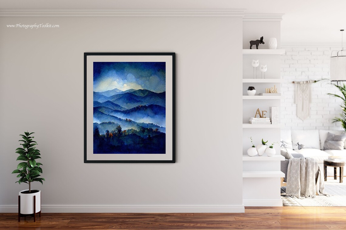 Misty Blue Mountain Peaks Watercolor Soft Light Over Foggy Art Poster - Image 4