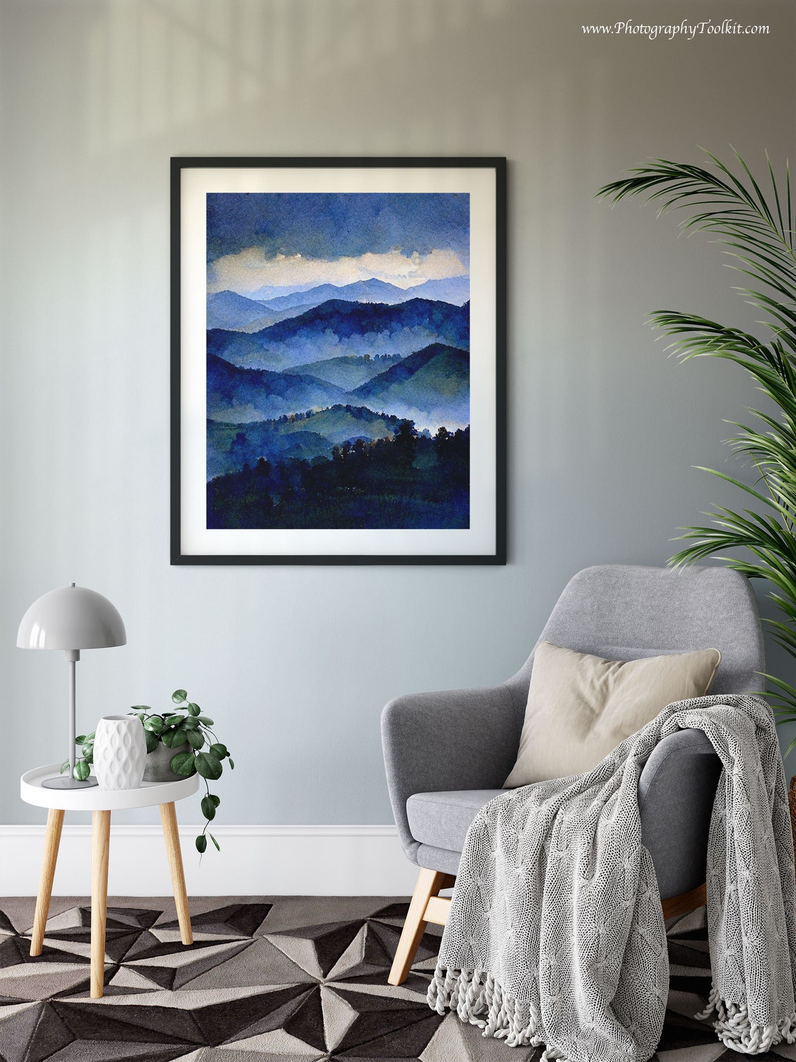 Misty Mountains Blue Watercolor Fog Layers Over Dark Peaks Art Poster - Image 6