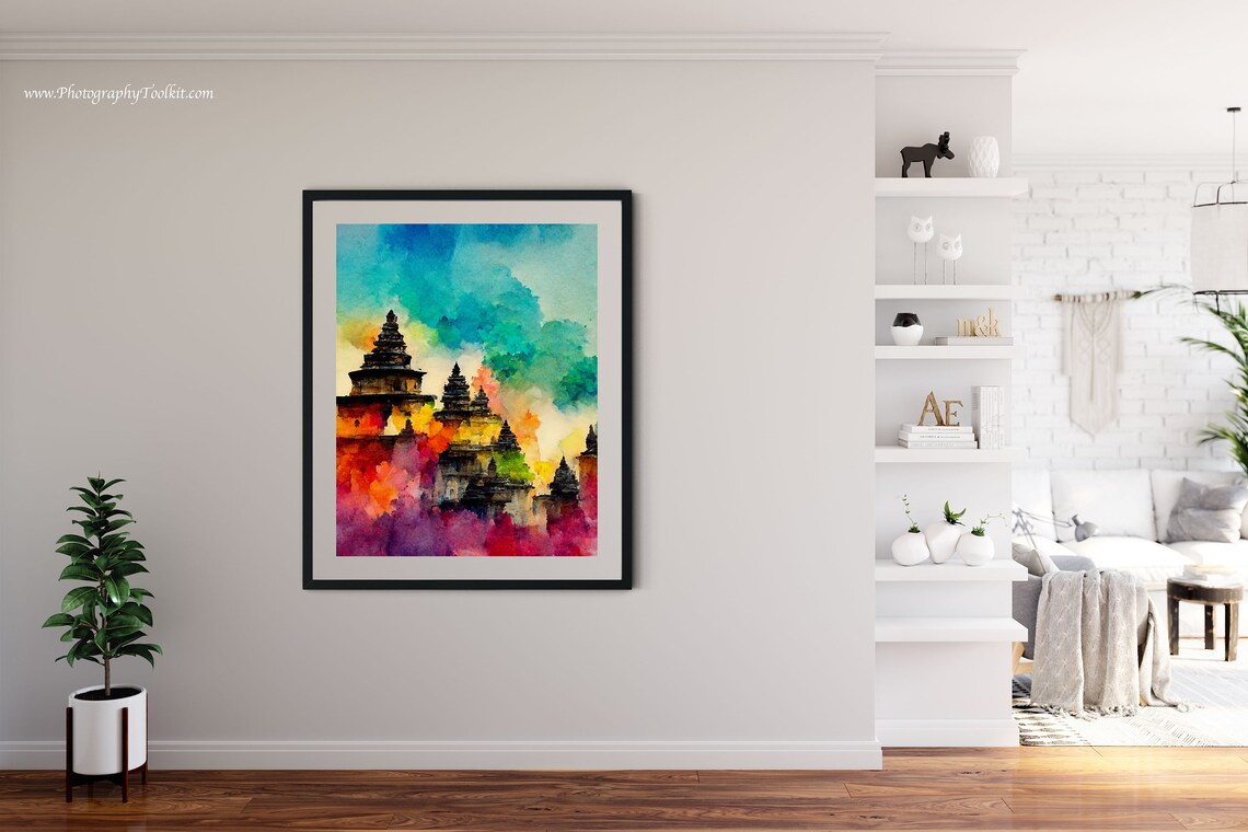 Ancient Stone Temple Spires Vibrant Magenta Sky Watercolor Poster - Image 4
