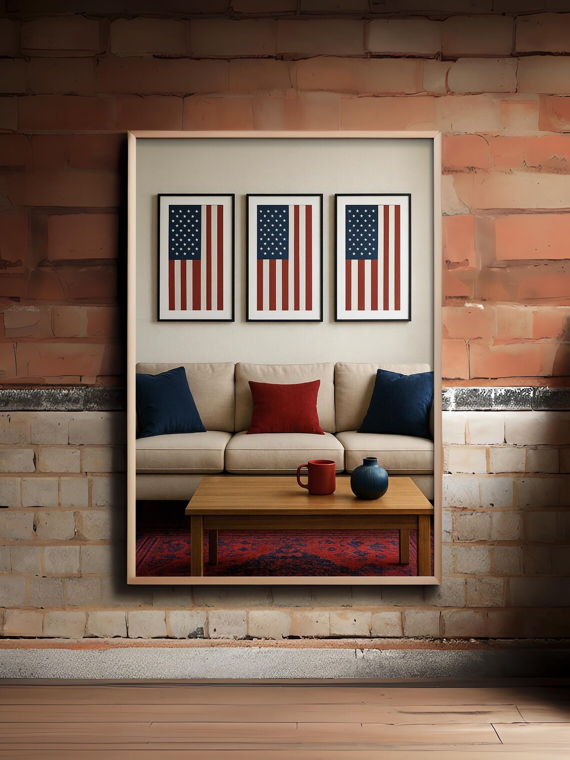 American Flag Trio Set Vintage Patriotic Stars Stripes Poster