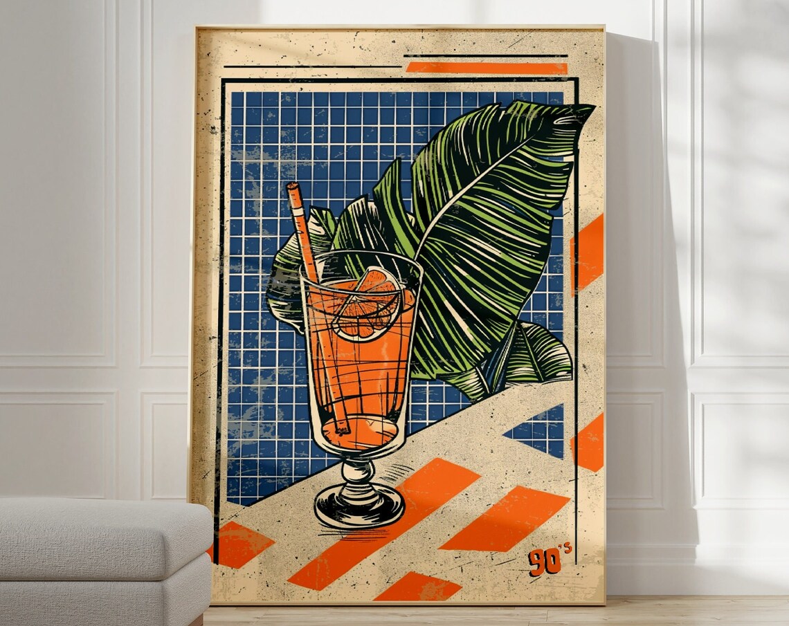 90s Cocktail Bar Tropical Drink Retro Style Vintage Art Poster