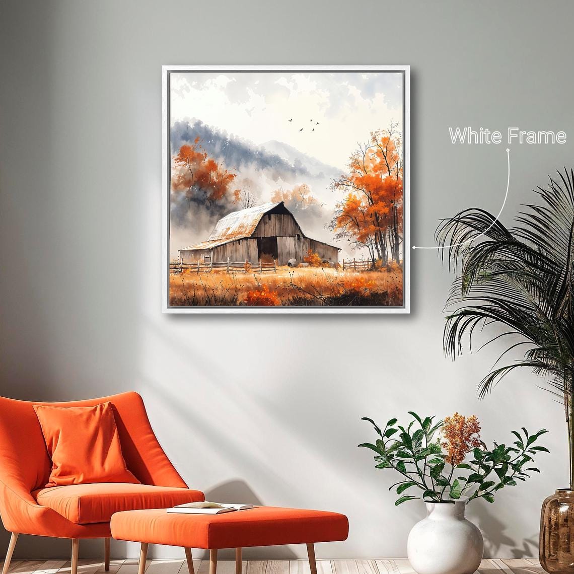 Rustic Barn Autumn Foliage Misty Mountain Landscape Painting Print - Image 4