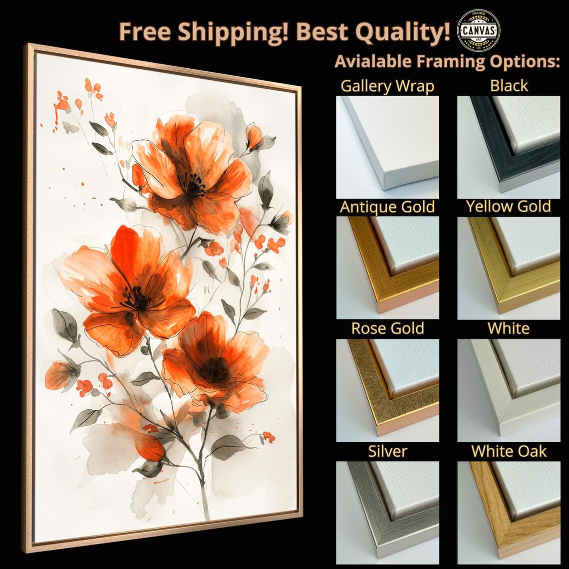 Orange Poppy Blooms Watercolor Floral Botanical Elegant Art Poster - Image 4