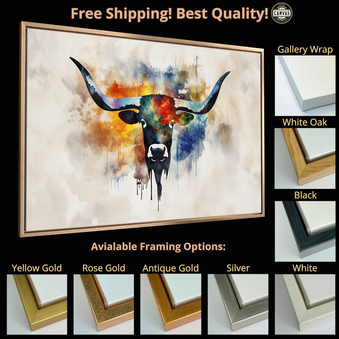 Longhorn Bull Head Colorful Abstract Watercolor Animal Wall Poster - Image 5