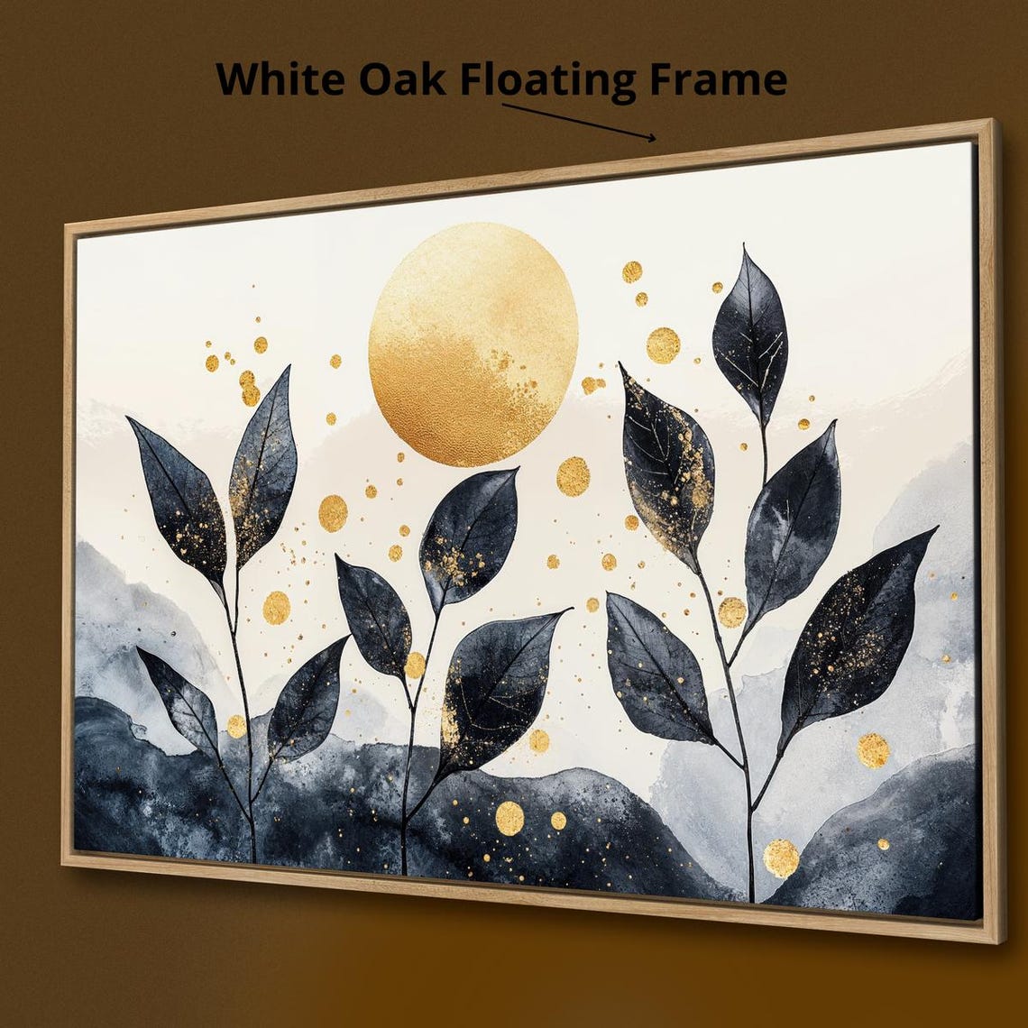 Elegant Black Stylized Leaves Gold Sun Botanical Abstract Art Print - Image 3