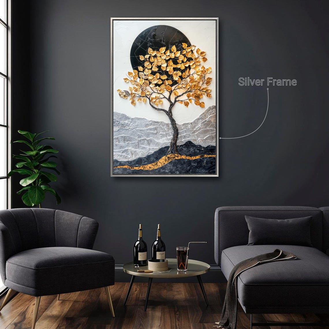 Mystical Golden Tree Black Moon Circle Textured Mountain Art Print - Image 4