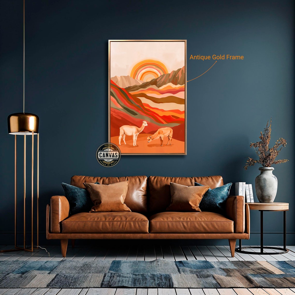 Llama Pair Red Desert Striped Sun Retro Mountain Landscape Art Poster - Image 2