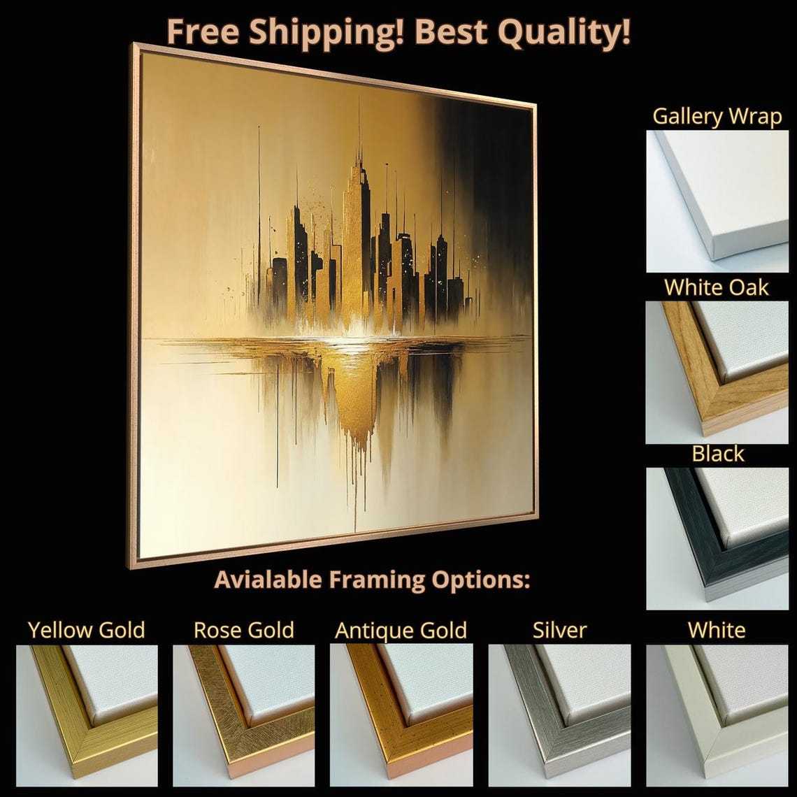 Gold Black Abstract City Skyline Silhouette Reflection Wall Art - Image 5