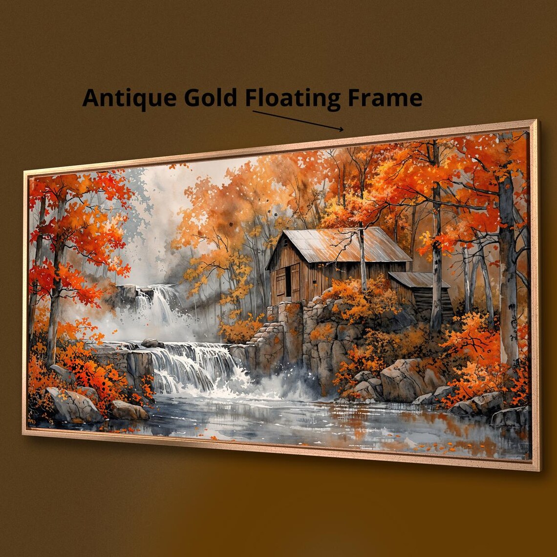 Rustic Cabin Waterfall Autumn Landscape Art Print - Image 3