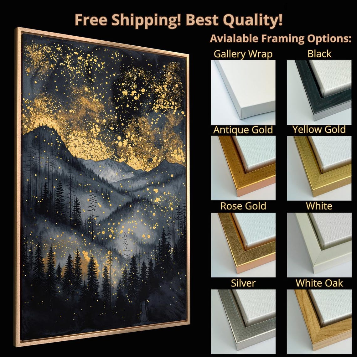 Misty Mountain Forest Golden Starry Sky Mystic Night Landscape Poster - Image 4