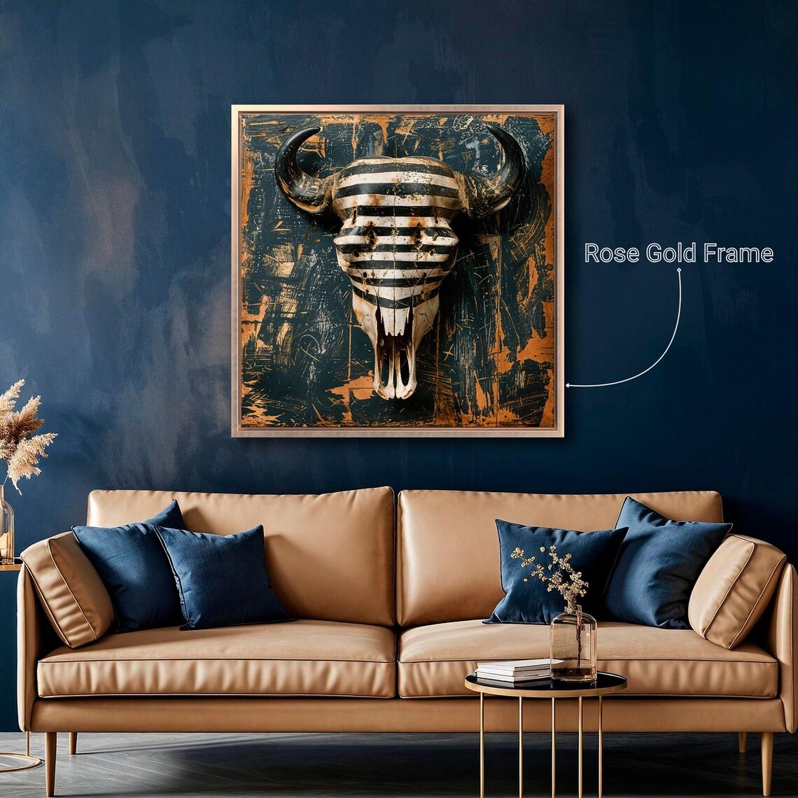 Striped Buffalo Skull Black Painted Southwestern Rustic Western Art Print - Image 4