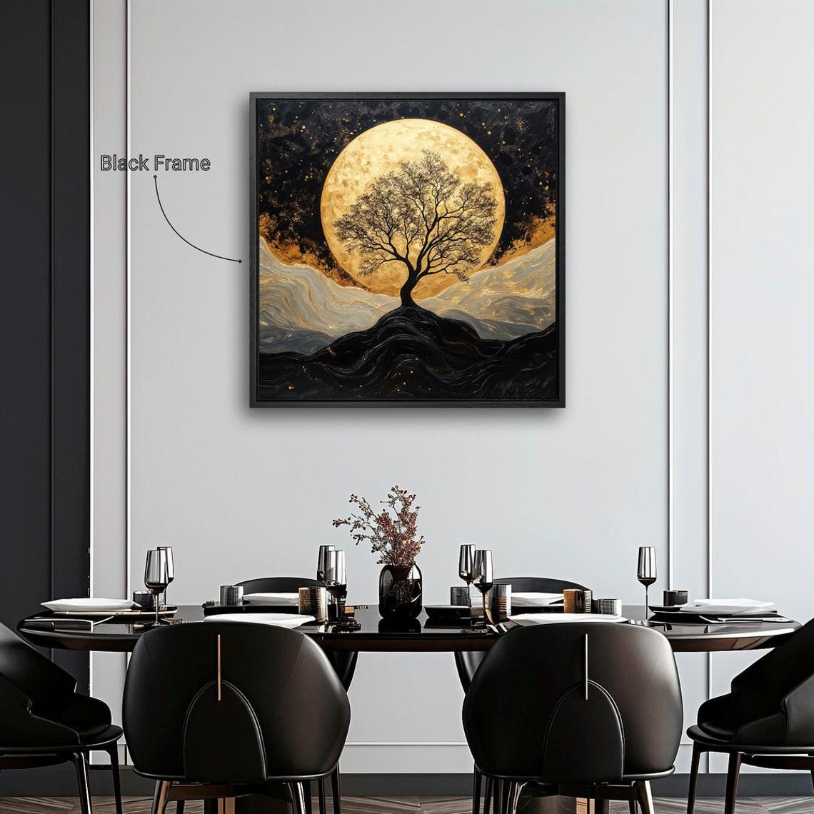 Black Tree Silhouette Golden Full Moon Mystical Night Sky Art Poster - Image 2