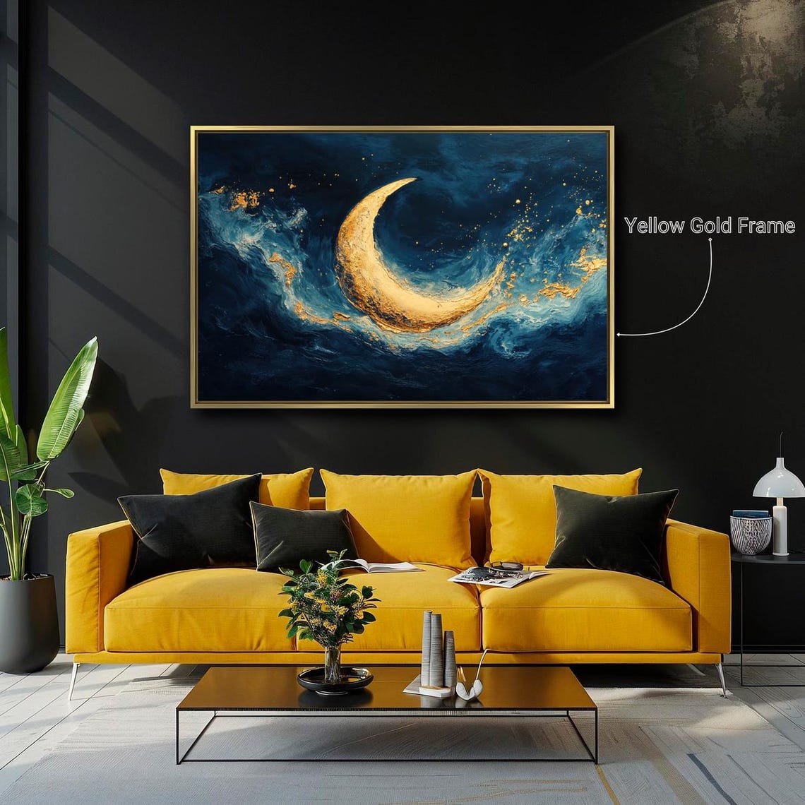 Golden Crescent Moon Swirling Dark Teal Ocean Waves Art Print - Image 4