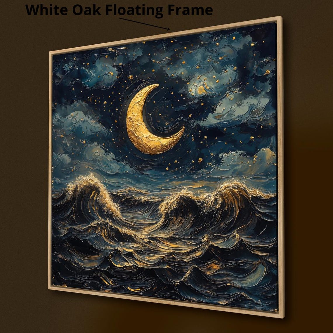 Golden Crescent Moon Over Dark Ocean Waves Night Seascape Wall Poster - Image 4