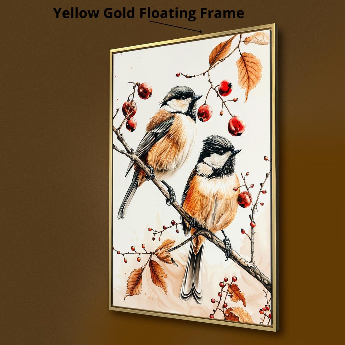 Chickadees Red Berries Autumn Leaves Watercolor Wildlife Bird Poster - Image 3