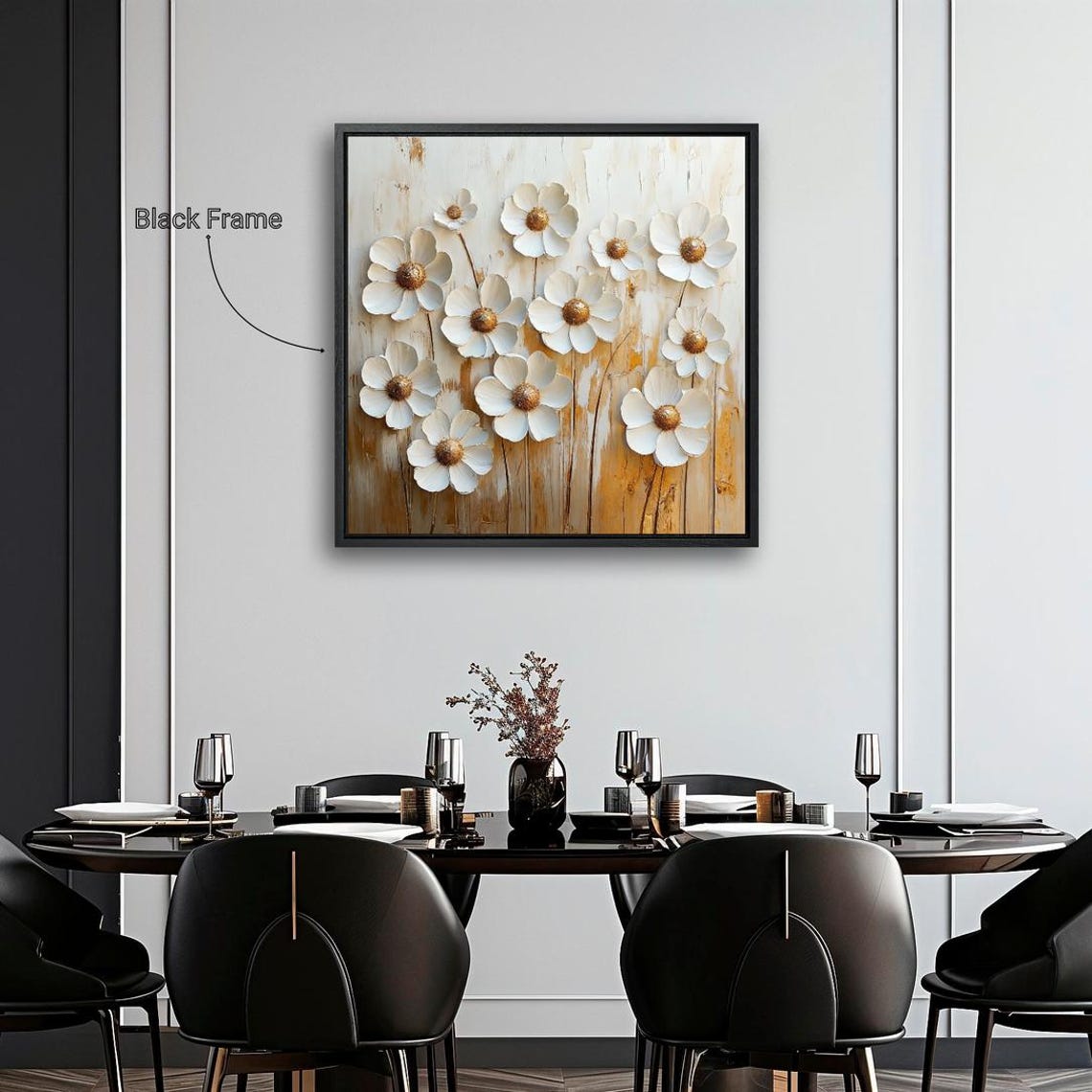 Delicate White 3D Flowers Gold Centers Textured Impasto Art Print - Image 2
