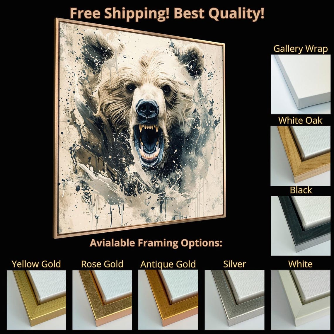Fierce Roaring Bear Bared Teeth Monochrome Wildlife Portrait Poster - Image 5