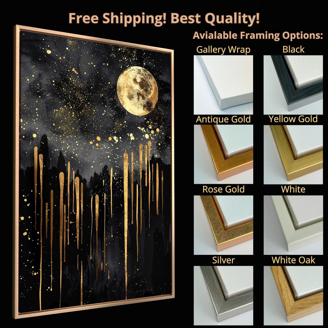 Golden Moon Starry Night Black Sky Abstract Celestial Wall Art Poster - Image 4