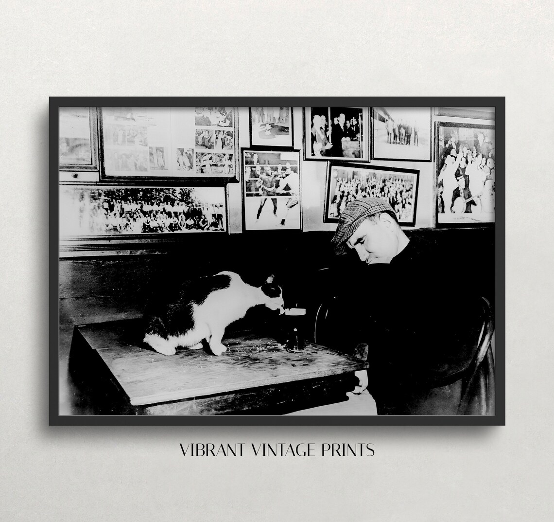 Cat Drinking From A Glass Vintage Bar Photograph Black And White Art Poster