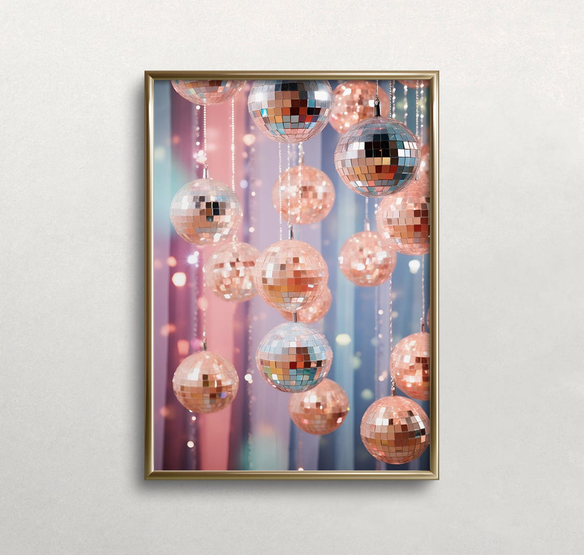 Rose Gold Disco Balls Hanging Against Pink Blue Backdrop Party Poster