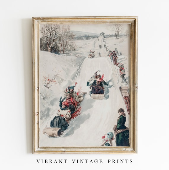 Vintage Christmas Sled Race Poster, Victorian Holiday