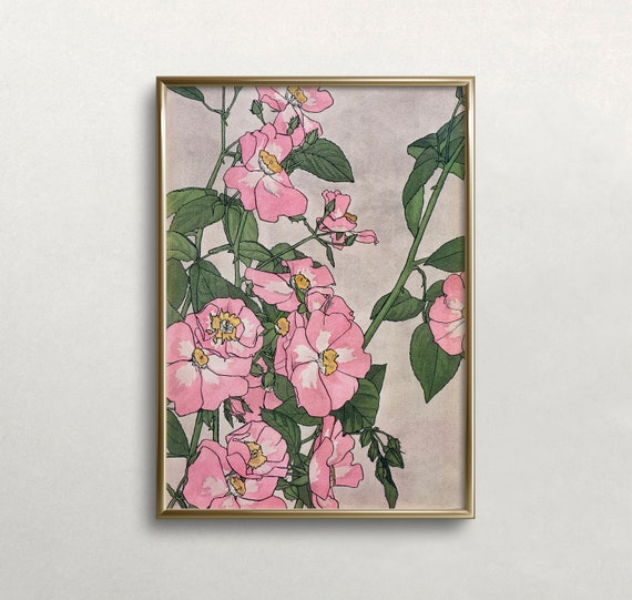 Pink Flowers Vintage Floral Art Print, Botanical