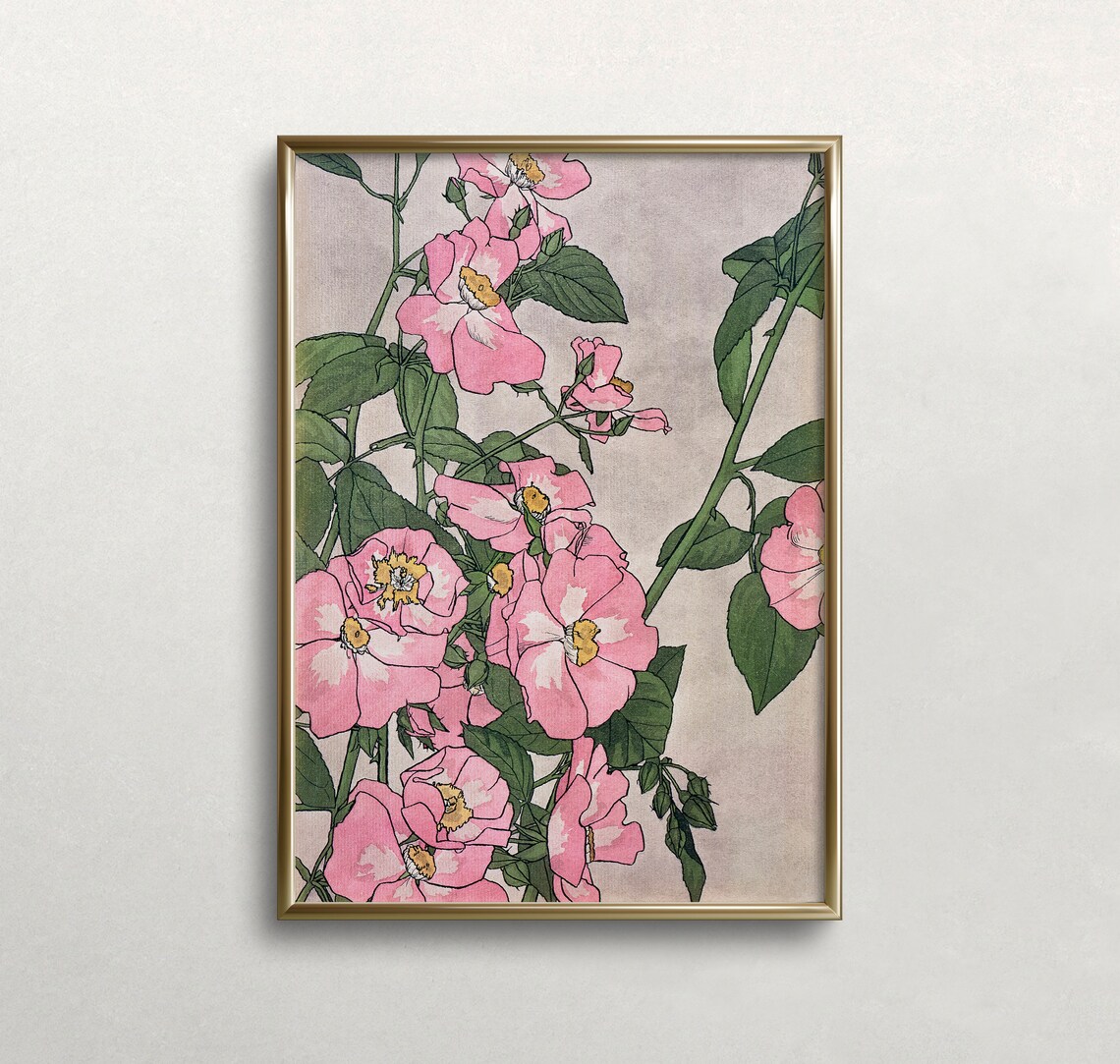 Pink Flowers Vintage Floral Art Print, Botanical